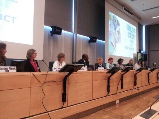 Sylvia and other panelists on the Girls in ICT Panel at the ITU for the United Nations in Geneva, Switzerland on April 15th, 2014