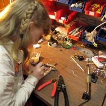 Sylvia working on the junkbot