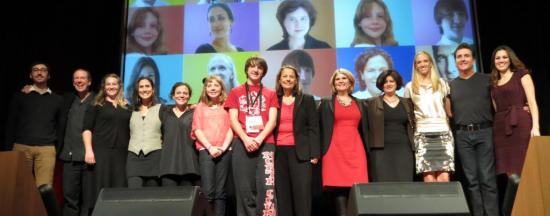 All the presenters and hosts pose on stage at the conclusion of TEDx San Jose CA